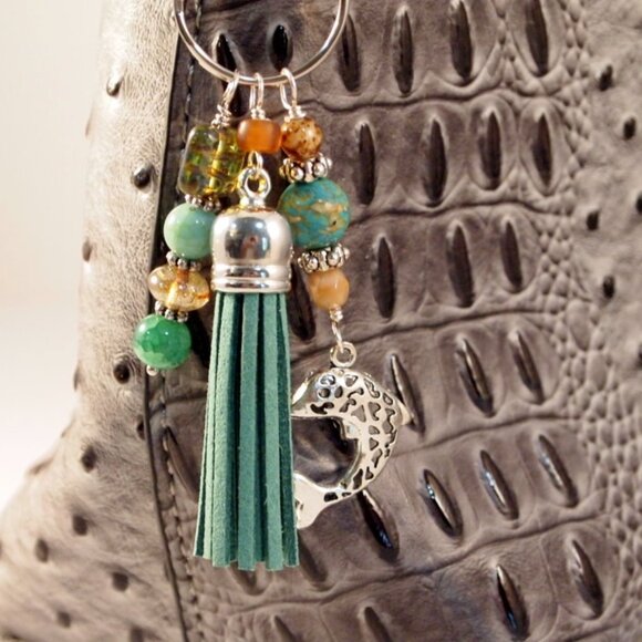 Dolphin Beaded Tassel Purse Charm Bohemian Keychain Key Fob Gift for Her - Picture 4 of 6